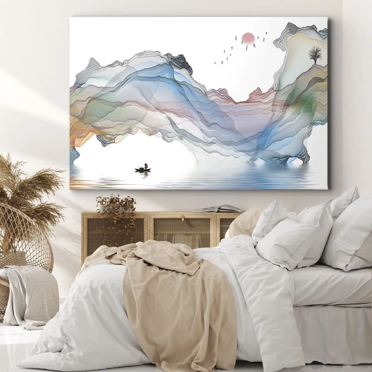 Lærredstryk - Billede på lærred - Et diskret landskab med bjerge, vand og en båd - 70x50cm - Mod krystalbjergene - Moderne vægdekoration til stue og soveværelse ARTTOR