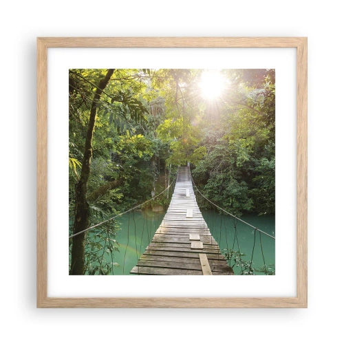 Plakat i ramme af lyst egetræ - Over det azurblå vand til den azurblå skov - 40x40 cm