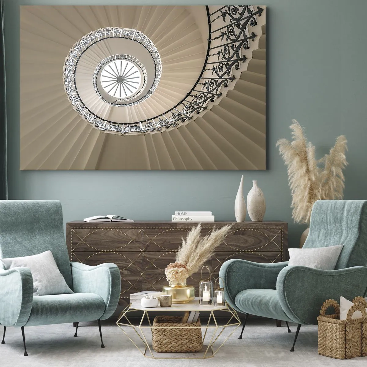 Lærredstryk - Billede på lærred - Vindeltrappe i en elegant geometrisk udformning - 70x50cm - I midten af en skal - Moderne vægdekoration til stue og soveværelse ARTTOR