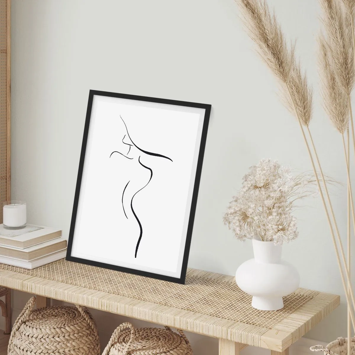 Plakat i sort ramme - En minimalistisk silhuet af en kvinde tegnet med en sort linje. - 50x70cm - Flygtig som en bølge - Moderne vægdekoration til stue og soveværelse ARTTOR