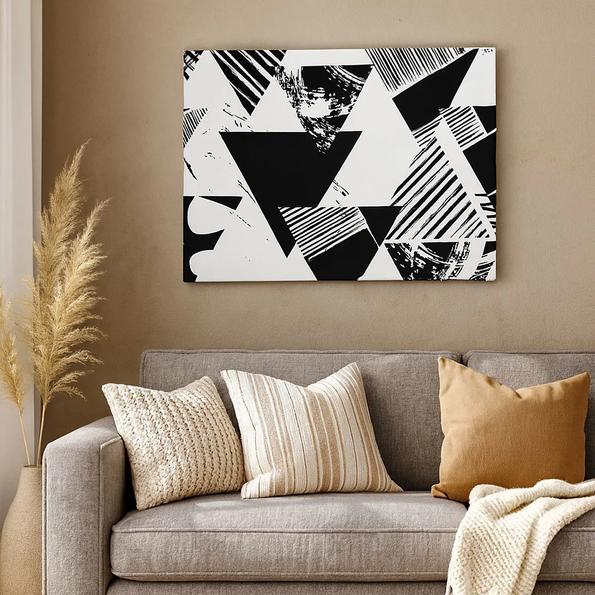 Lærredstryk - Billede på lærred - Geometriske mønstre i sort-hvid minimalistisk form - 70x50cm - Regn af trekanter - Moderne vægdekoration til stue og soveværelse ARTTOR