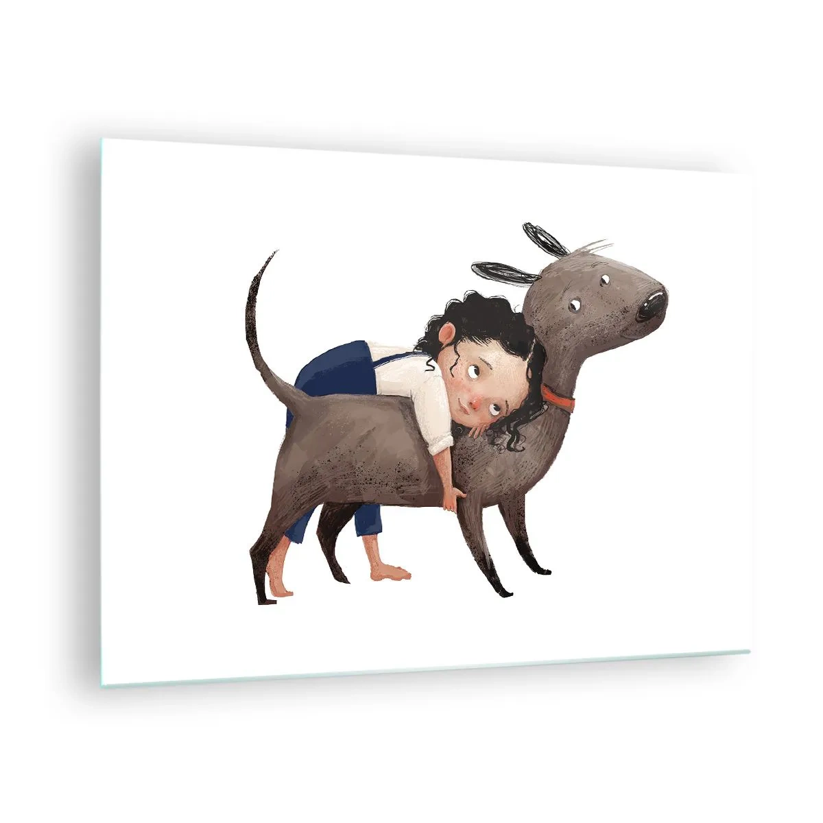 Billede på glas - En pige krammer en stor hund på en hvid baggrund - 70x50cm - Bedste venner - Moderne vægdekoration til stue og soveværelse ARTTOR