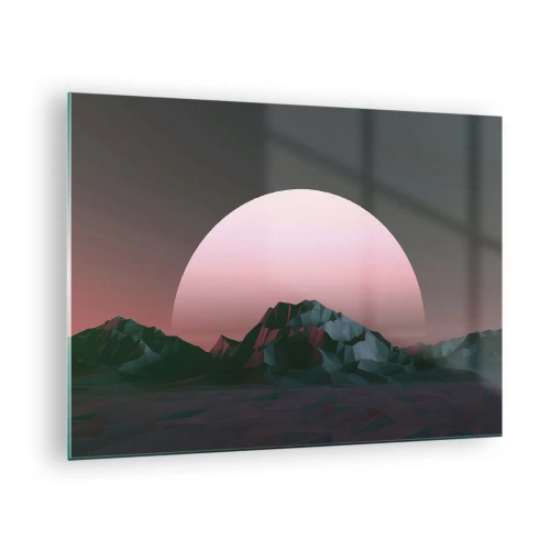 Billede på glas - Abstrakt landskab med geometriske bjerge og en lyserød sol. - 70x50cm - I en nabogalakse - Moderne vægdekoration til stue og soveværelse ARTTOR