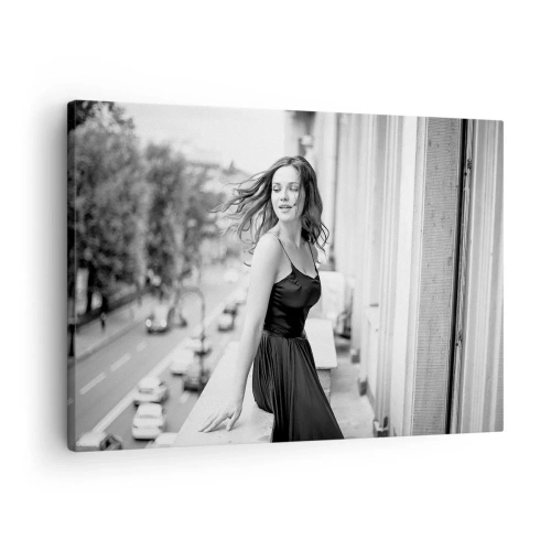 Lærredstryk - Billede på lærred - Sort-hvidt foto af en kvinde på en balkon - 70x50cm - Bestemt en pariser - Moderne vægdekoration til stue og soveværelse ARTTOR