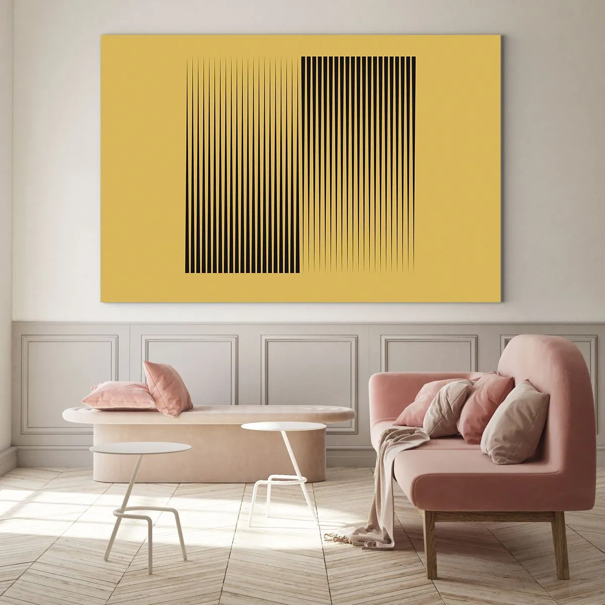 Billede på glas - Sorte lodrette linjer skaber en geometrisk illusion - 70x50cm - Modsætningernes kvadrat - Moderne vægdekoration til stue og soveværelse ARTTOR
