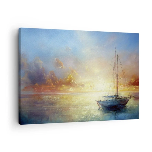 Lærredstryk - Billede på lærred - En yacht på et roligt hav ved solnedgang - 70x50cm - I en gylden bugt - Moderne vægdekoration til stue og soveværelse ARTTOR
