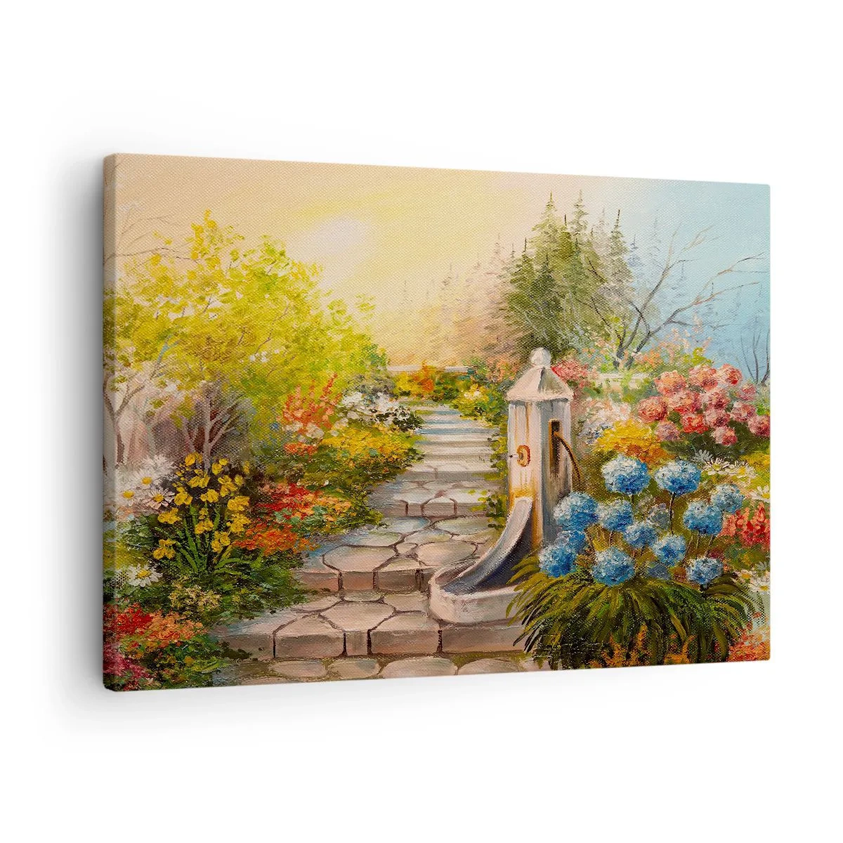 Lærredstryk - Billede på lærred - En malerisk have med et springvand og farverige blomster - 70x50cm - I fuld blomstring - Moderne vægdekoration til stue og soveværelse ARTTOR