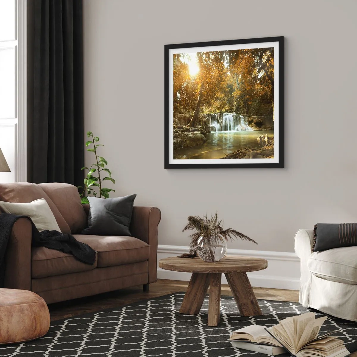 Plakat i sort ramme - Kaskade i parken - 40x40 cm