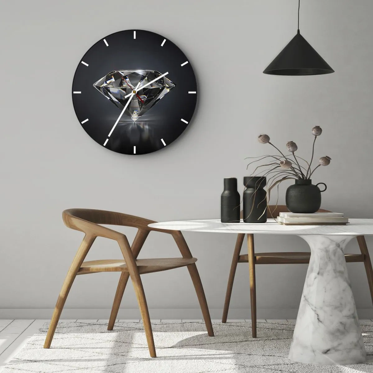 Vægur, Uret - En skinnende diamant på en mørk baggrund med en refleksionseffekt - 30x30cm - Bedste veninde - Moderne vægdekoration til stue, køkken og soveværelse ARTTOR