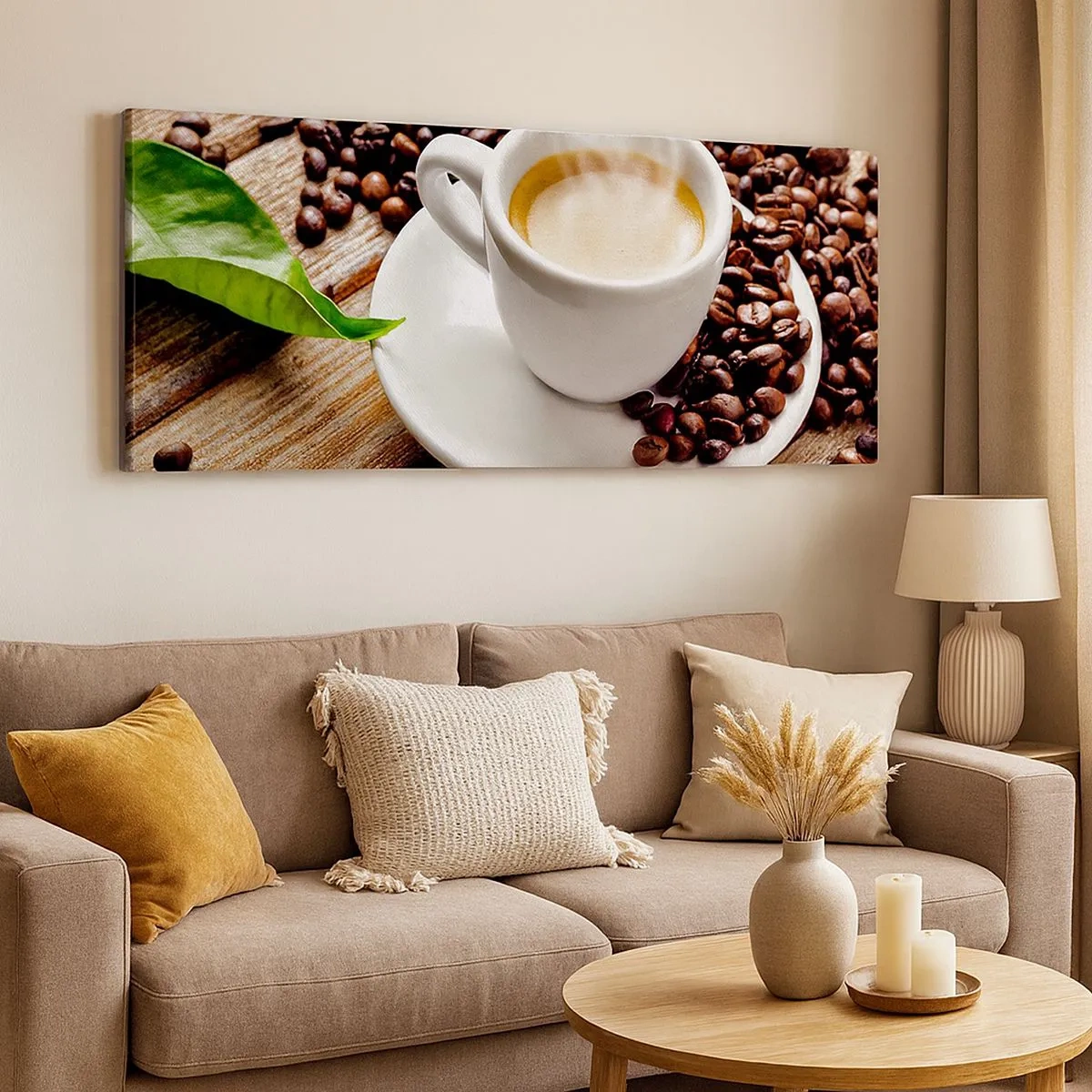 Lærredstryk - Billede på lærred - Kaffe på bænken - 100x40 cm