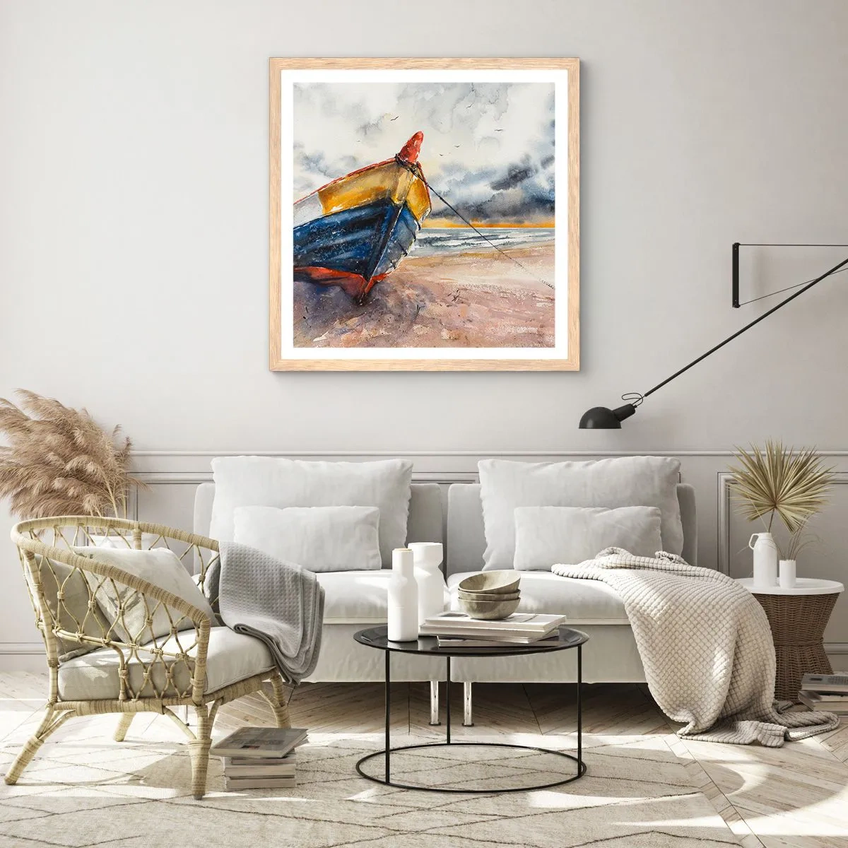 Plakat i ramme af lyst egetræ - Hvile på stranden - 30x30 cm