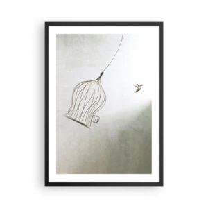 Plakat i sort ramme - En fugl forlader sit bur i minimalistisk stil. - 50x70cm - I sit elementet - Moderne vægdekoration til stue og soveværelse ARTTOR