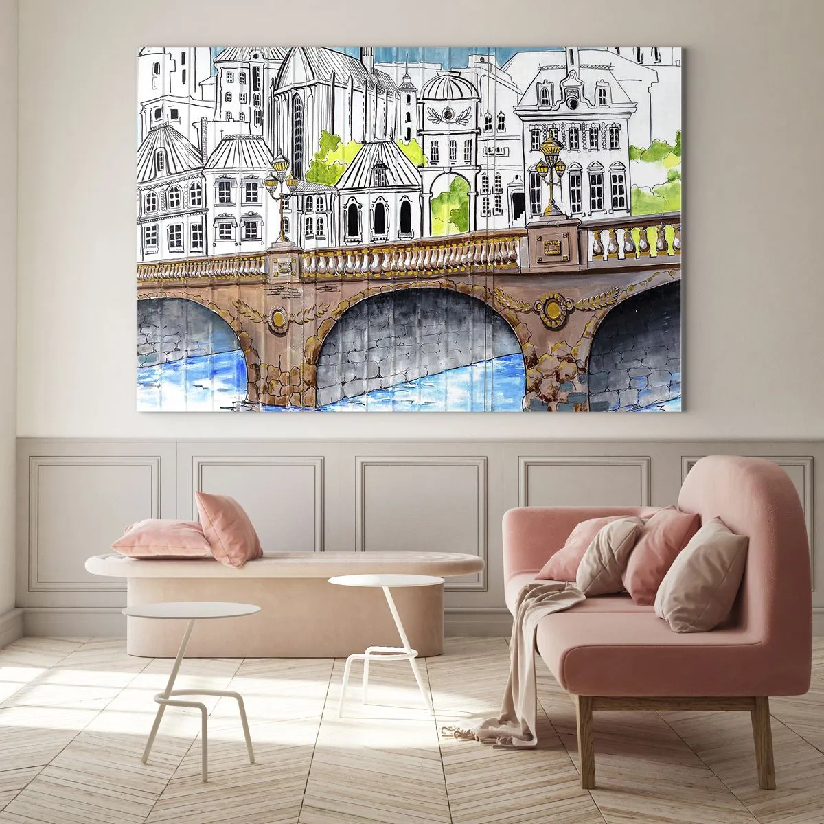 Billede på glas - Broen og byarkitekturen i form af en akvarelskitse - 70x50cm - Byen som den er malet - Moderne vægdekoration til stue og soveværelse ARTTOR