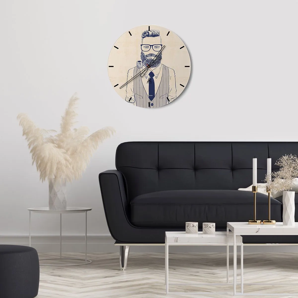 Vægur, Uret - Hipsterbillede af en skægget mand med en pibe - 30x30cm - Munter, maskulin og moderigtig - Moderne vægdekoration til stue, køkken og soveværelse ARTTOR