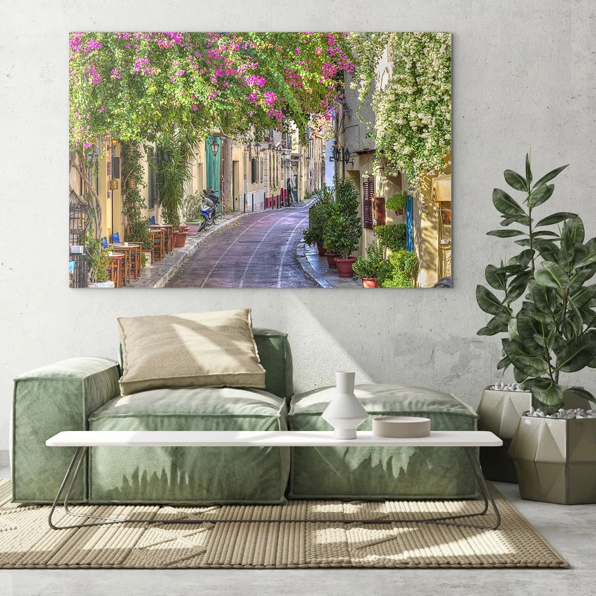 Billede på glas - En charmerende gade med blomstrende træer - 70x50cm - En blomstrende gyde - Moderne vægdekoration til stue og soveværelse ARTTOR