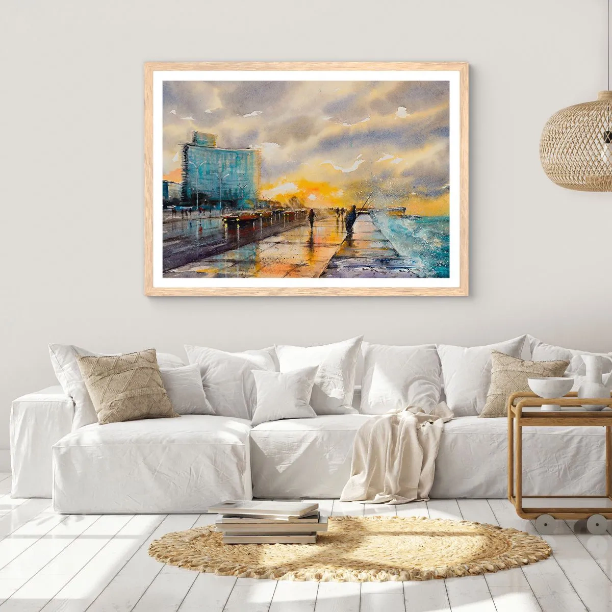 Plakat i ramme af lyst egetræ - Livet på kysten - 91x61 cm