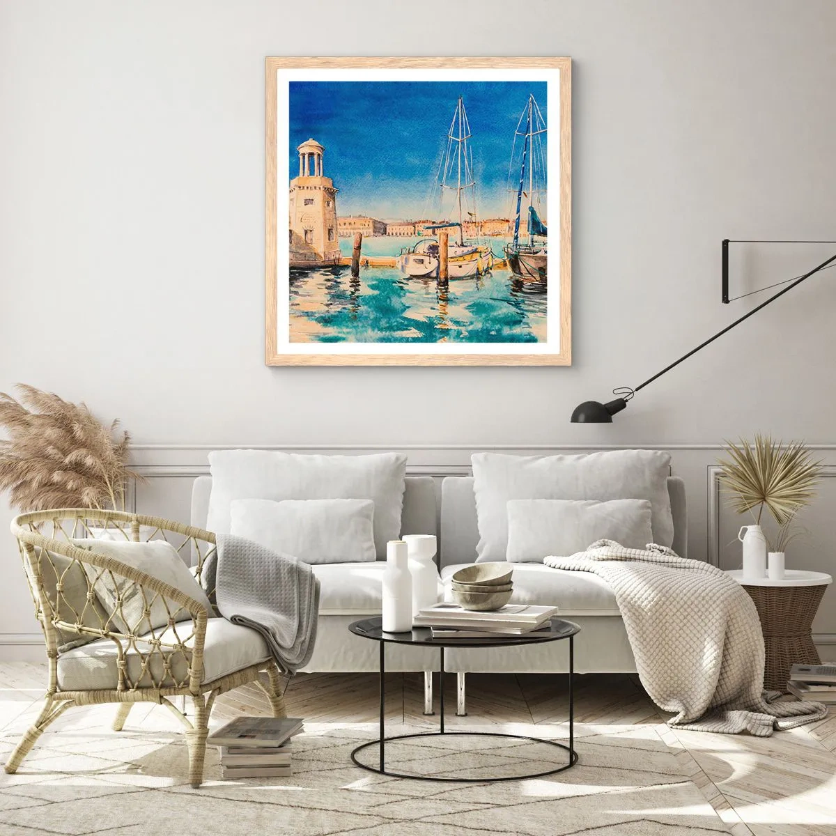 Plakat i ramme af lyst egetræ - Solrig lagune - 60x60 cm