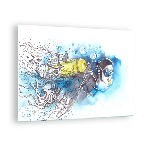 Billede på glas - Dykker under vandet med fisk i kunstnerisk akvarel - 70x50cm - Stor blå - Moderne vægdekoration til stue og soveværelse ARTTOR
