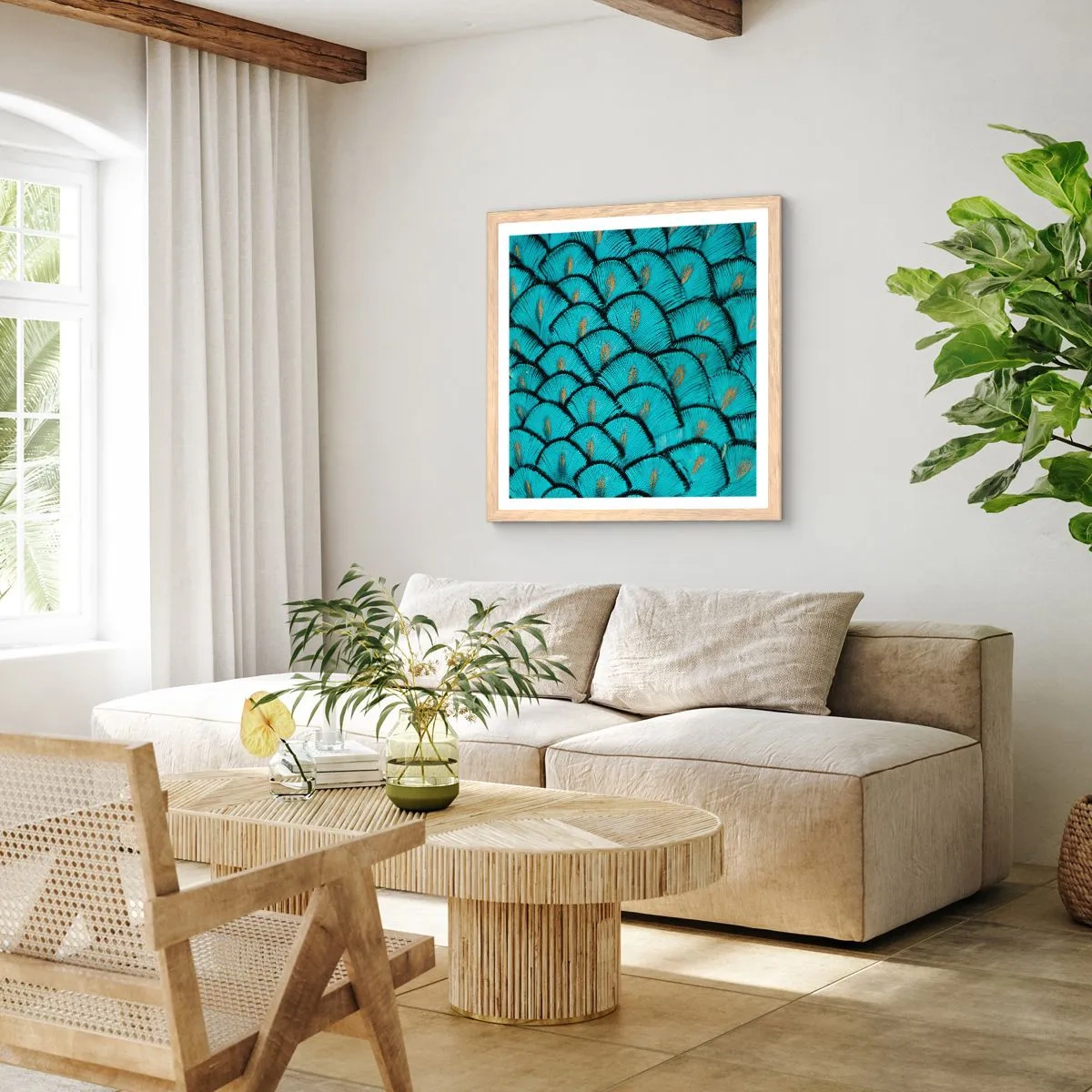 Plakat i ramme af lyst egetræ - Den store fjer-galla - 60x60 cm