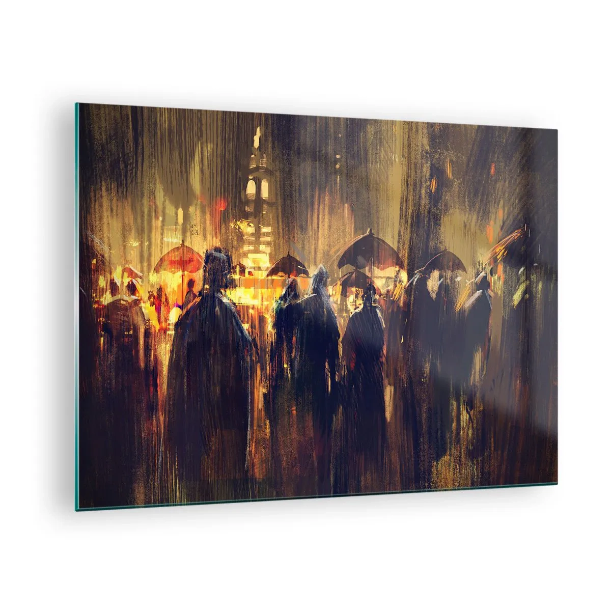 Billede på glas - En menneskemængde med paraplyer i regnen mod byens lys som baggrund - 70x50cm - Tilhængere af regnen - Moderne vægdekoration til stue og soveværelse ARTTOR
