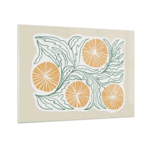 Billede på glas - Orange frugter og grønne blade i en grafisk komposition - 70x50cm - Etnisk med et strejf af abstraktion - Moderne vægdekoration til stue og soveværelse ARTTOR