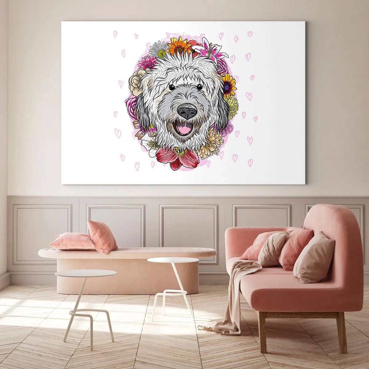 Billede på glas - Illustration af en hund omgivet af blomster - 70x50cm - Hvalpens glæde - Moderne vægdekoration til stue og soveværelse ARTTOR