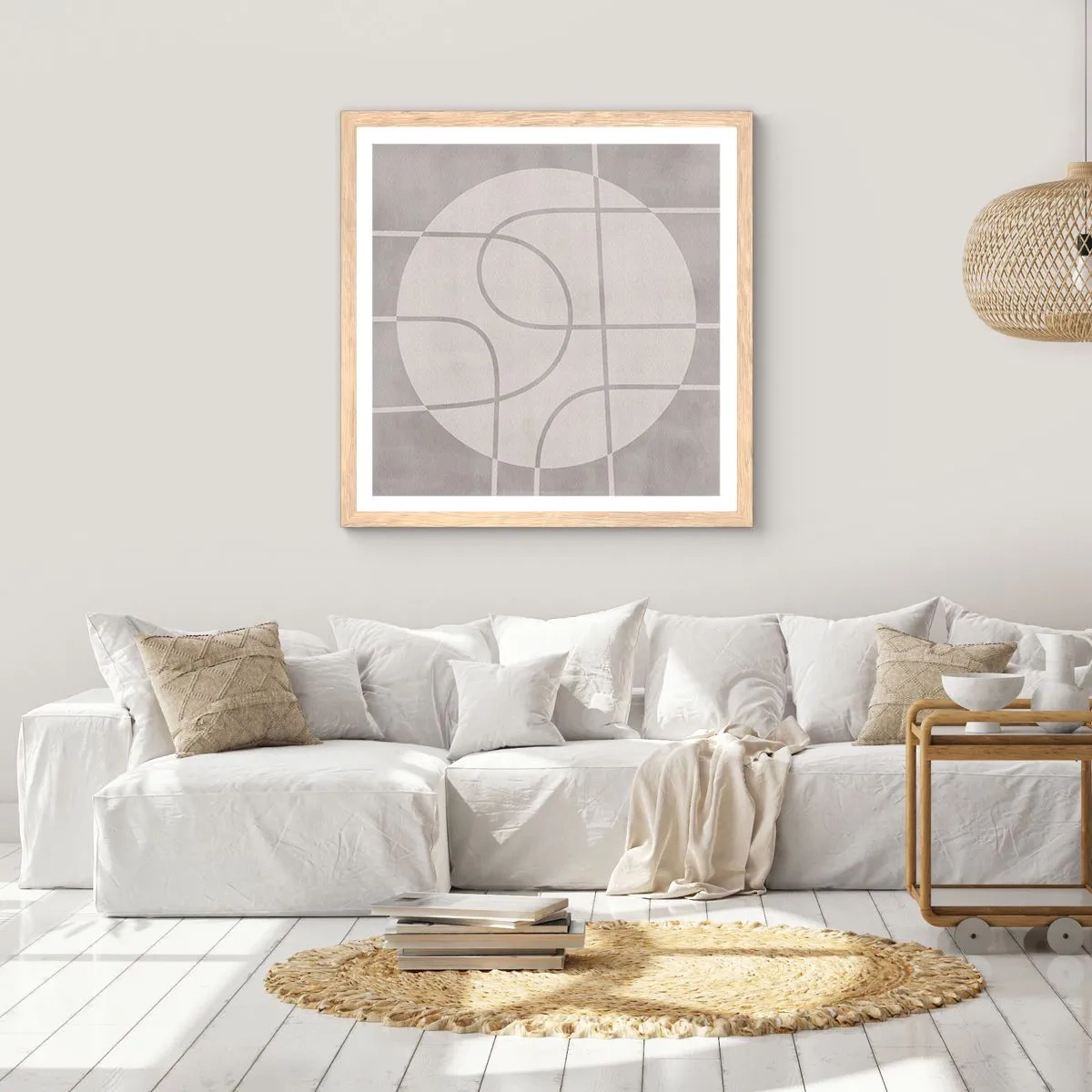 Plakat i ramme af lyst egetræ - Cirkulær og lige frem - 60x60 cm
