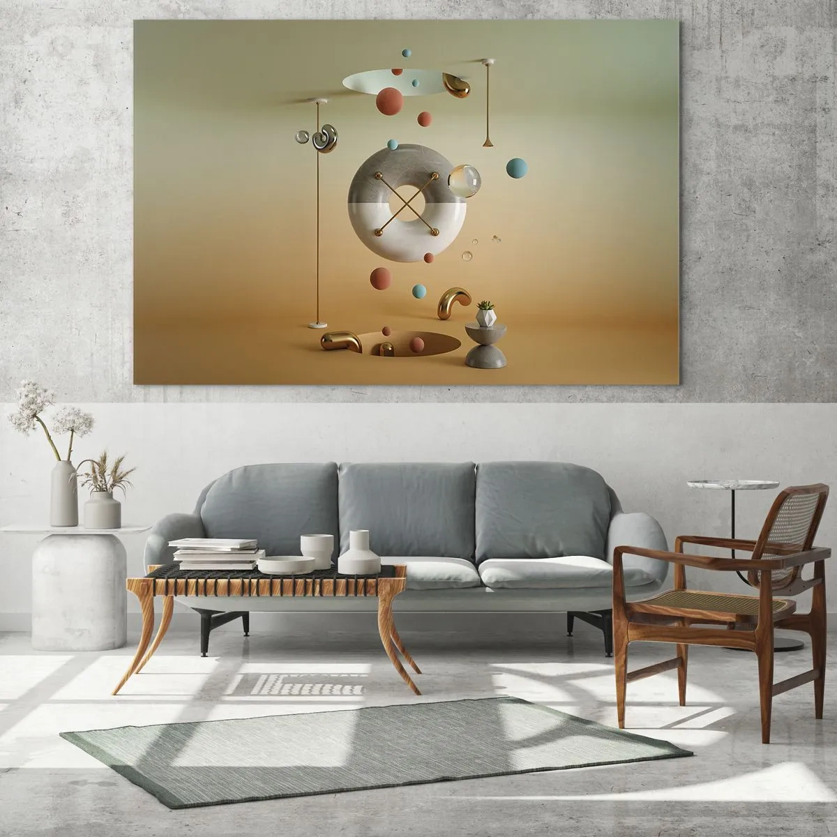 Billede på glas - Geometriske figurer i pastelfarver i et abstrakt rum - 70x50cm - Alt kan ske - Moderne vægdekoration til stue og soveværelse ARTTOR