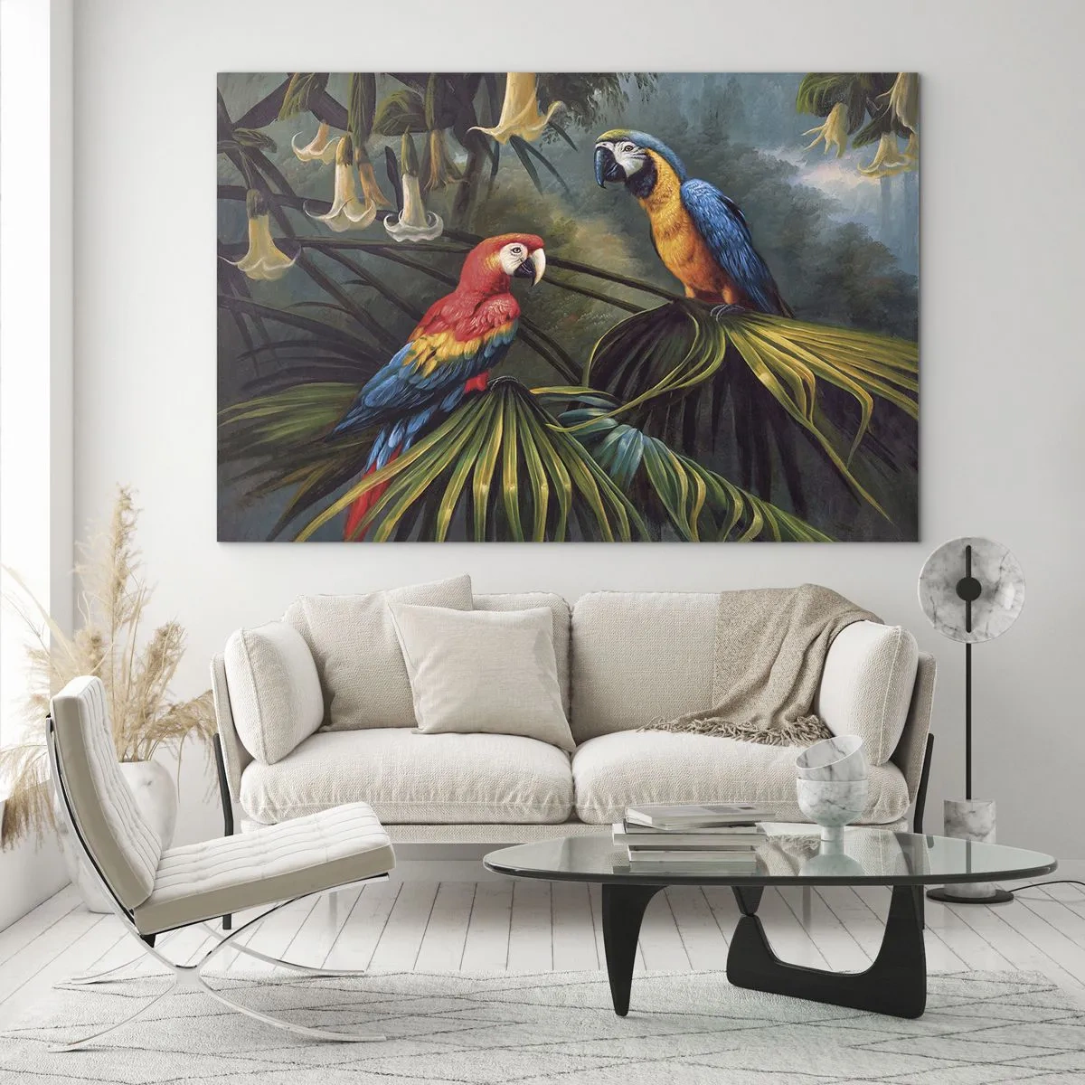 Billede på glas - To farverige papegøjer mod baggrunden af en tropisk jungle - 70x50cm - Romantik i troperne - Moderne vægdekoration til stue og soveværelse ARTTOR