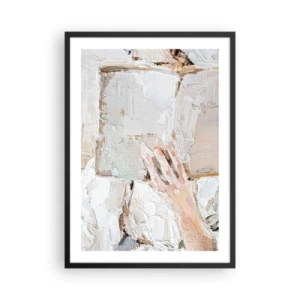 Plakat i sort ramme - Et tekstureret billede af en hånd, der holder en åben bog. - 50x70cm - I en anden verden - Moderne vægdekoration til stue og soveværelse ARTTOR