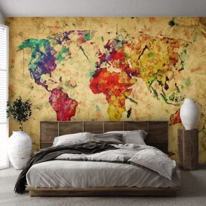 Fototapet Premium Canvas - Livet som et farverigt papirkort - Verdenskort, Kontinenter, Rejser - 400x280 cm