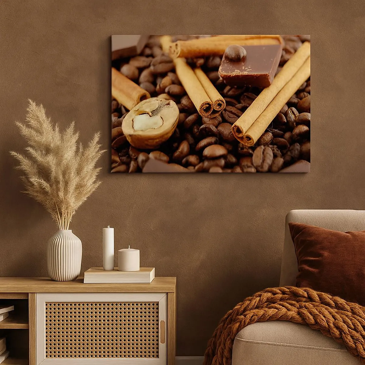 Lærredstryk - Billede på lærred - Kaffebønner med kanelstænger, chokolade og valnødder. - 70x50cm - Koncert af smagsoplevelser - Moderne vægdekoration til stue og soveværelse ARTTOR