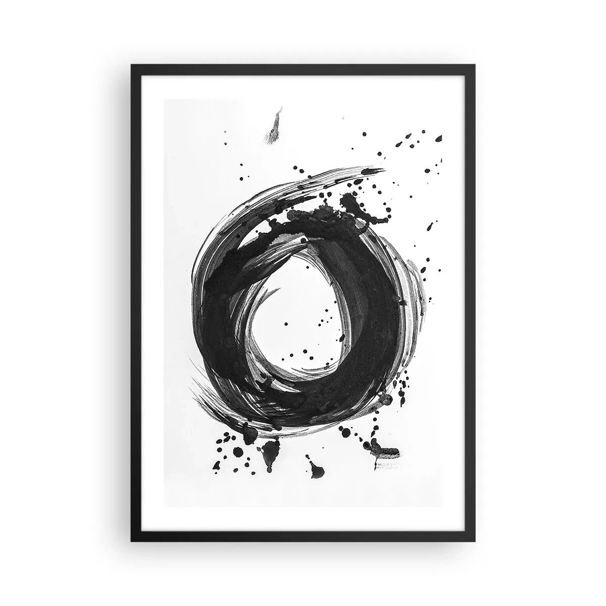 Plakat i sort ramme - Sort og hvid abstrakt cirkel med dynamiske pletter - 50x70cm - Skabelsens hvirvelstrøm - Moderne vægdekoration til stue og soveværelse ARTTOR