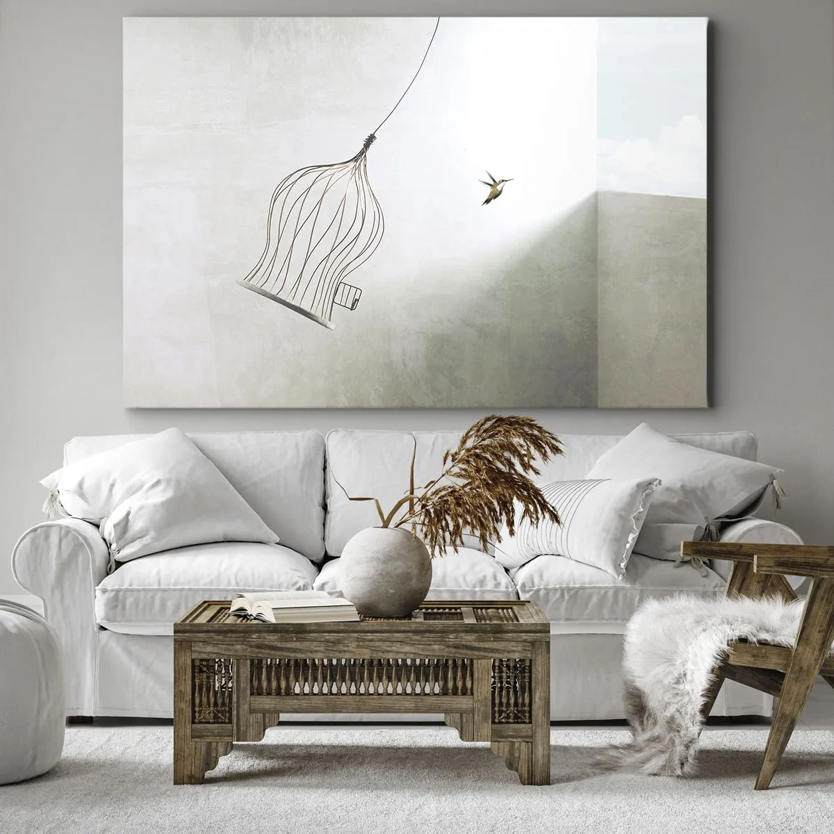 Lærredstryk - Billede på lærred - En fugl befriet fra et bur mod en lys himmel som baggrund - 70x50cm - I sit elementet - Moderne vægdekoration til stue og soveværelse ARTTOR