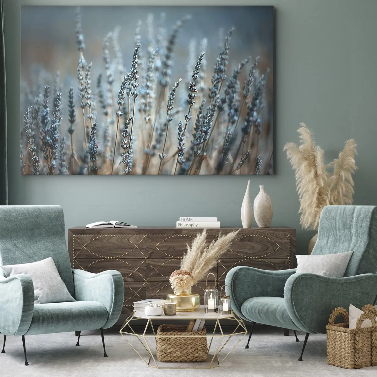 Lærredstryk - Billede på lærred - Lavendel på marken i diskrete pastelfarver - 70x50cm - Duftende plet - Moderne vægdekoration til stue og soveværelse ARTTOR