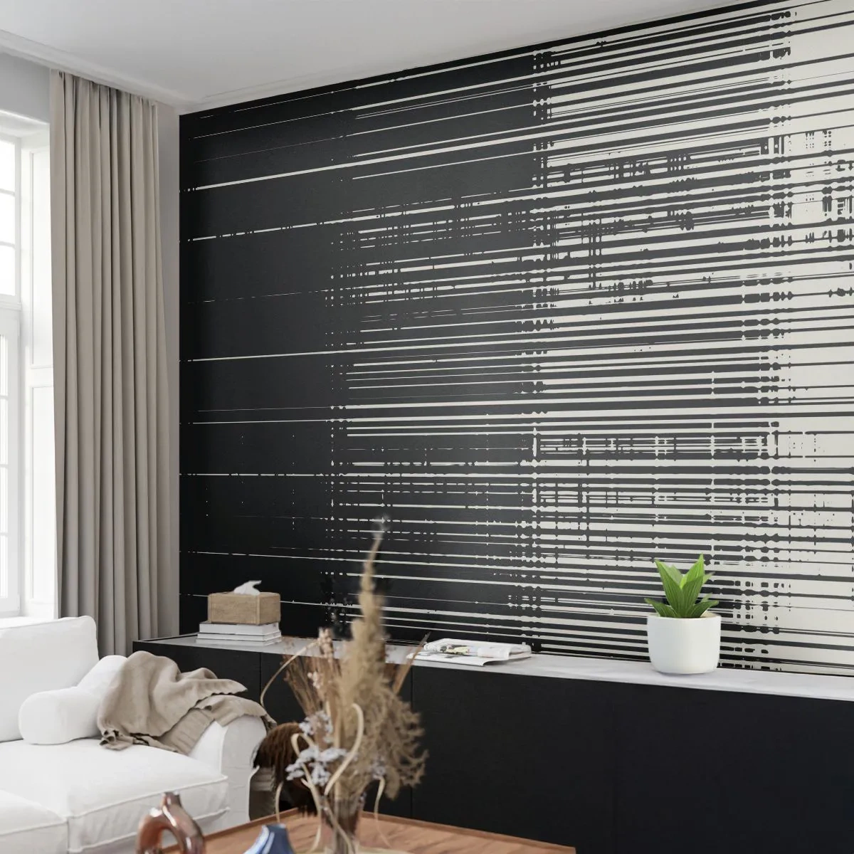 Fototapet Premium Sand - Bølger og vibrationer - Sort og hvid, Stregkoder, Linjer - 100x70 cm