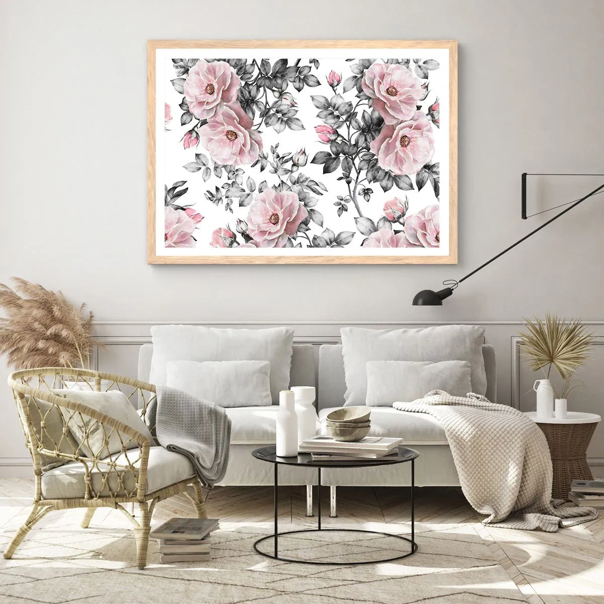Plakat i ramme af lyst egetræ - Forsvind i rosenblomsterne - 91x61 cm