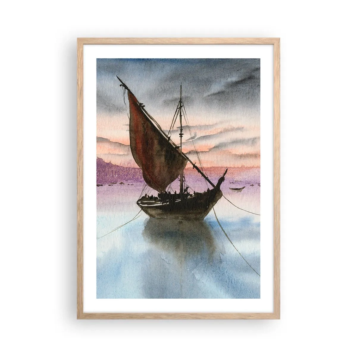 Plakat i ramme af lyst egetræ - Aften i havnen - 50x70 cm
