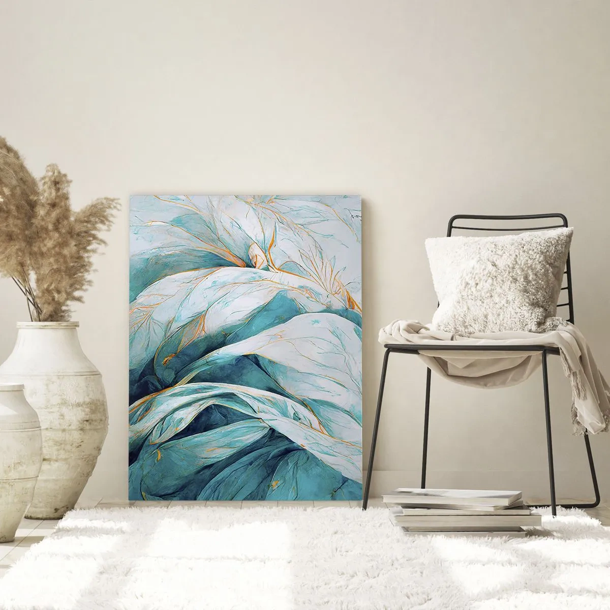 Billede på glas - Blå abstraktion med et guldmotiv - 70x100 cm