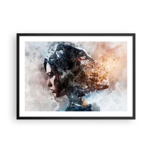 Plakat i sort ramme - Historien om en pige med en by i baggrunden - 70x50 cm