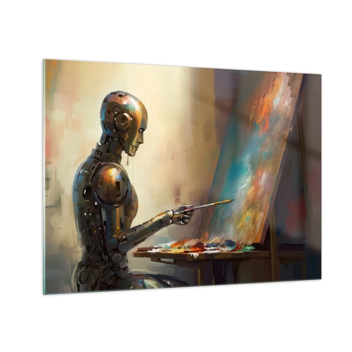 Billede på glas - En robot, der maler et billede ved et staffeli - 70x50cm - Fremtidens kunst - Moderne vægdekoration til stue og soveværelse ARTTOR