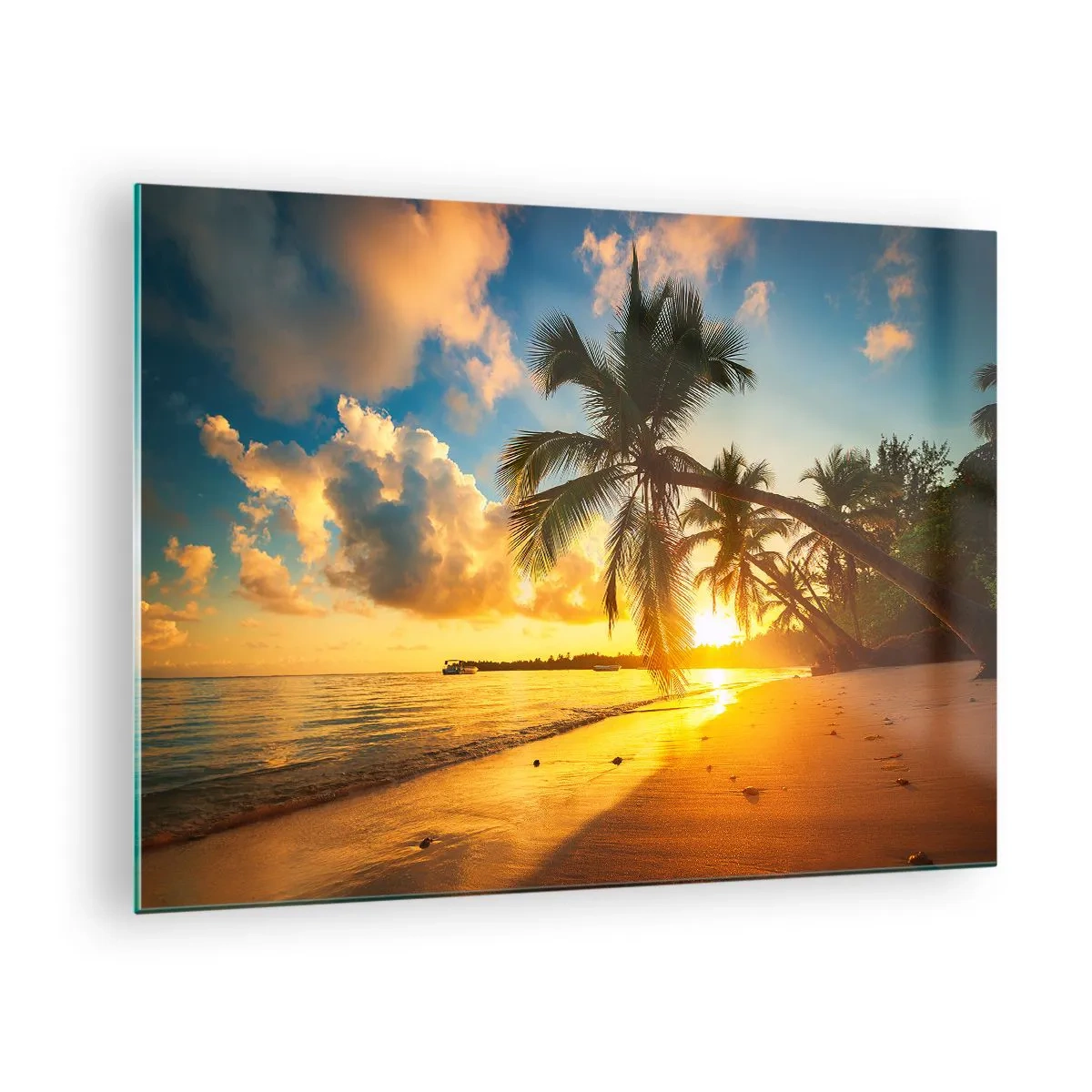 Billede på glas - Tropisk strand med palmer ved solnedgang - 70x50cm - Caribisk drøm - Moderne vægdekoration til stue og soveværelse ARTTOR