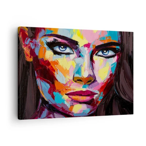 Lærredstryk - Billede på lærred - Et farverigt abstrakt portræt af en kvinde i intense farver. - 70x50cm - Også en farverig sjæl - Moderne vægdekoration til stue og soveværelse ARTTOR