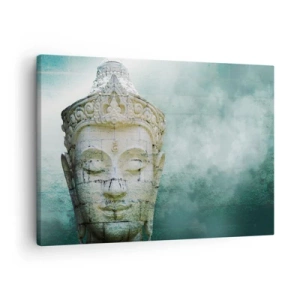 Lærredstryk - Billede på lærred - Buddha-statue med en blid tåge mod en grøn baggrund - 70x50cm - På jagt efter lys - Moderne vægdekoration til stue og soveværelse ARTTOR