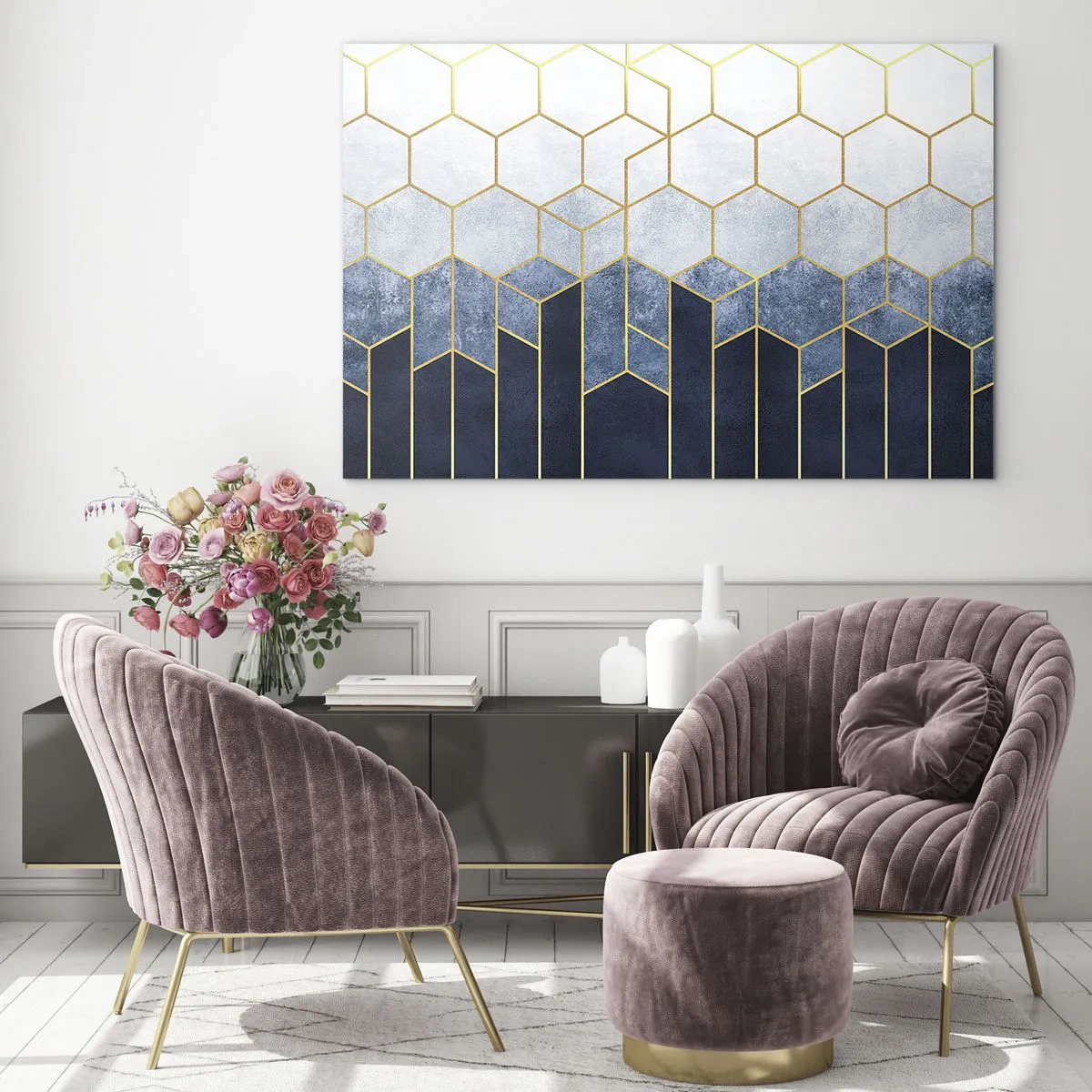 Billede på glas - Geometrisk mønster i guld og marineblå farver - 70x50cm - Komposition i synkoperet rytme - Moderne vægdekoration til stue og soveværelse ARTTOR