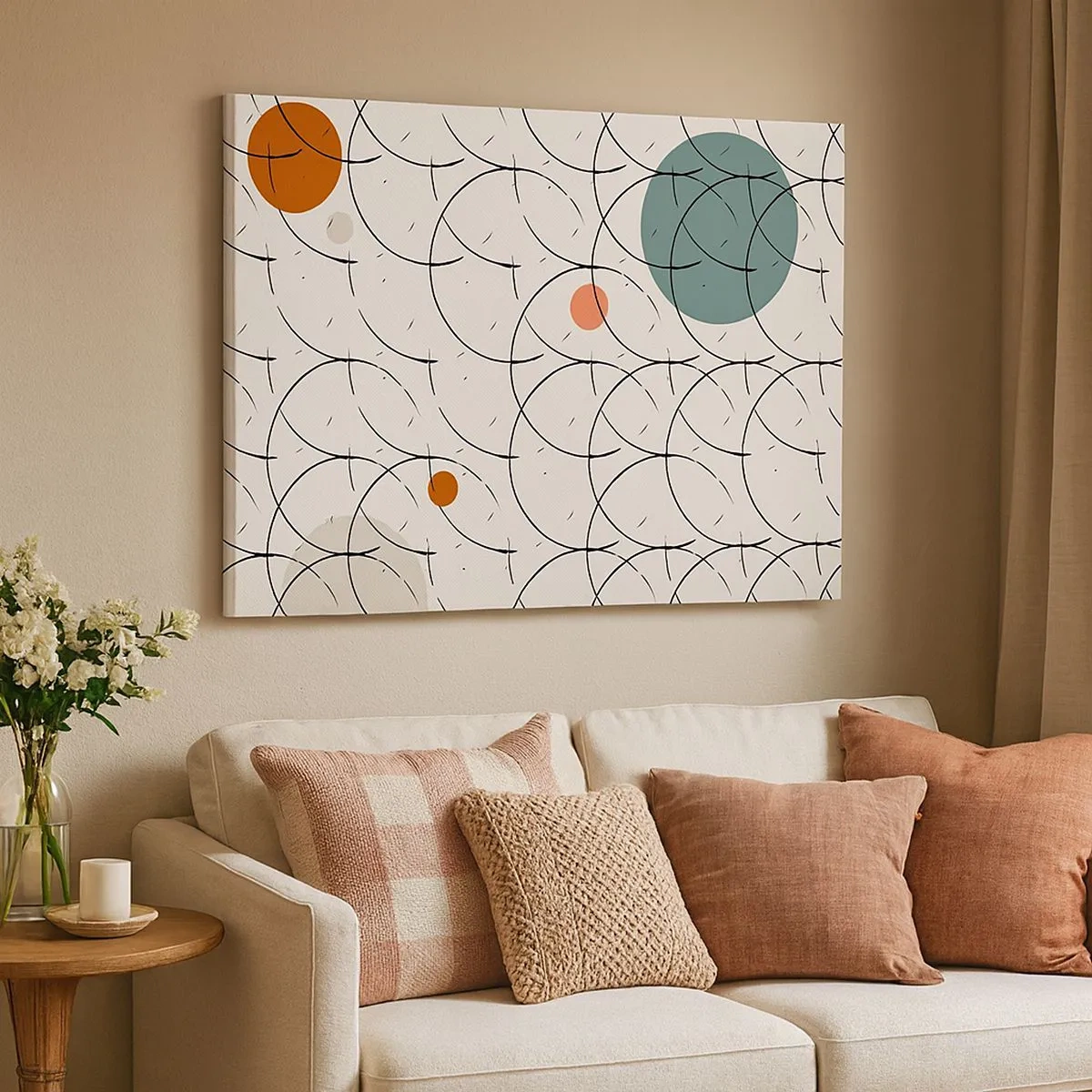 Lærredstryk - Billede på lærred - Geometrisk mønster med farverige cirkler på en lys baggrund - 70x50cm - I popkunstens ånd - Moderne vægdekoration til stue og soveværelse ARTTOR