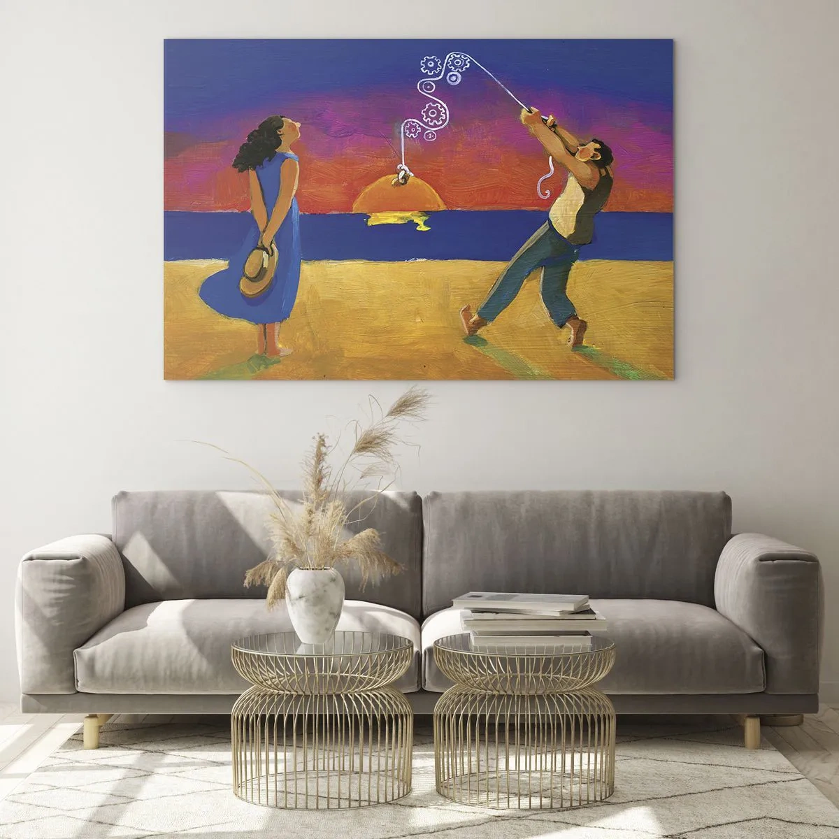 Billede på glas - Farverig abstrakt af et par på stranden ved solnedgang - 70x50cm - Mere end en stjerne fra himlen - Moderne vægdekoration til stue og soveværelse ARTTOR