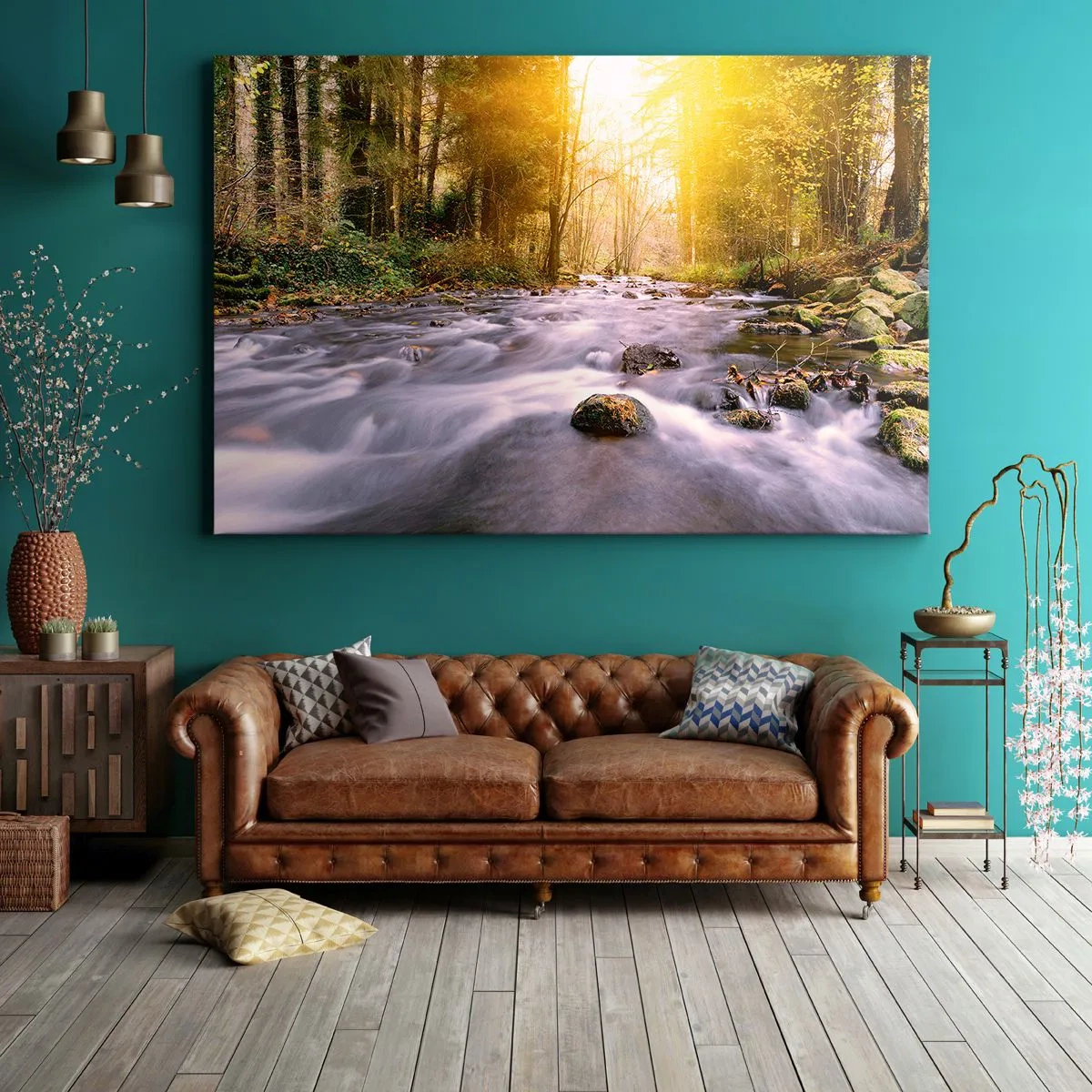 Lærredstryk - Billede på lærred - En skovbæk oplyst af solens stråler - 70x50cm - Malachit i sølv- og guldfatning - Moderne vægdekoration til stue og soveværelse ARTTOR