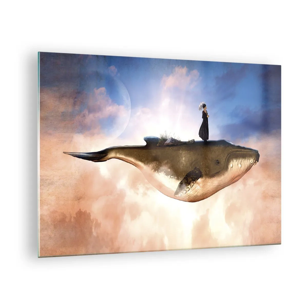 Billede på glas - En fantasihval, der svæver i skyerne med en kvinde på ryggen. - 70x50cm - En surrealistisk rejse - Moderne vægdekoration til stue og soveværelse ARTTOR