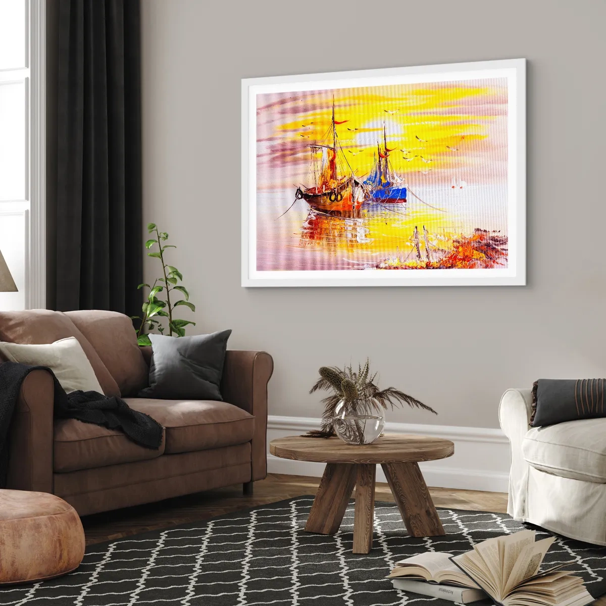 Plakat i hvid ramme - Et velfortjent hvil i havnen - 91x61 cm